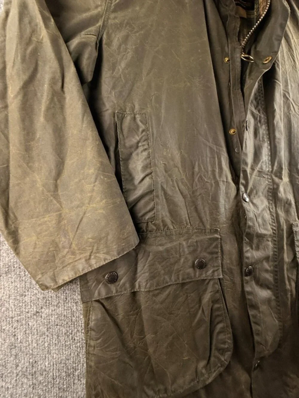 VTG Barbour A200 Border Size 40 Green Waxed Jacket Long Zip Snap Collared 80s